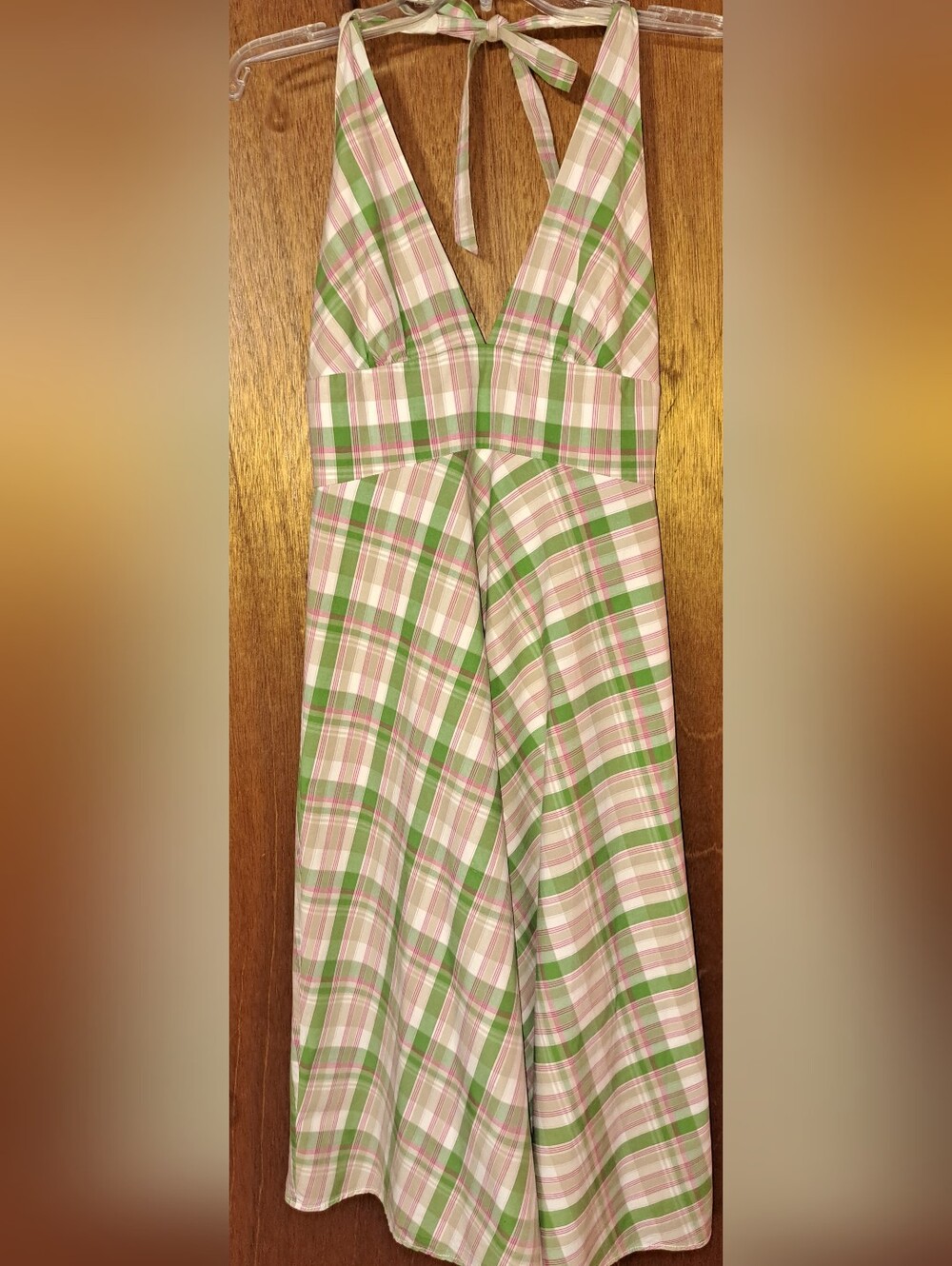 J. Crew Green Pink and Cream Plaid Backless Dress